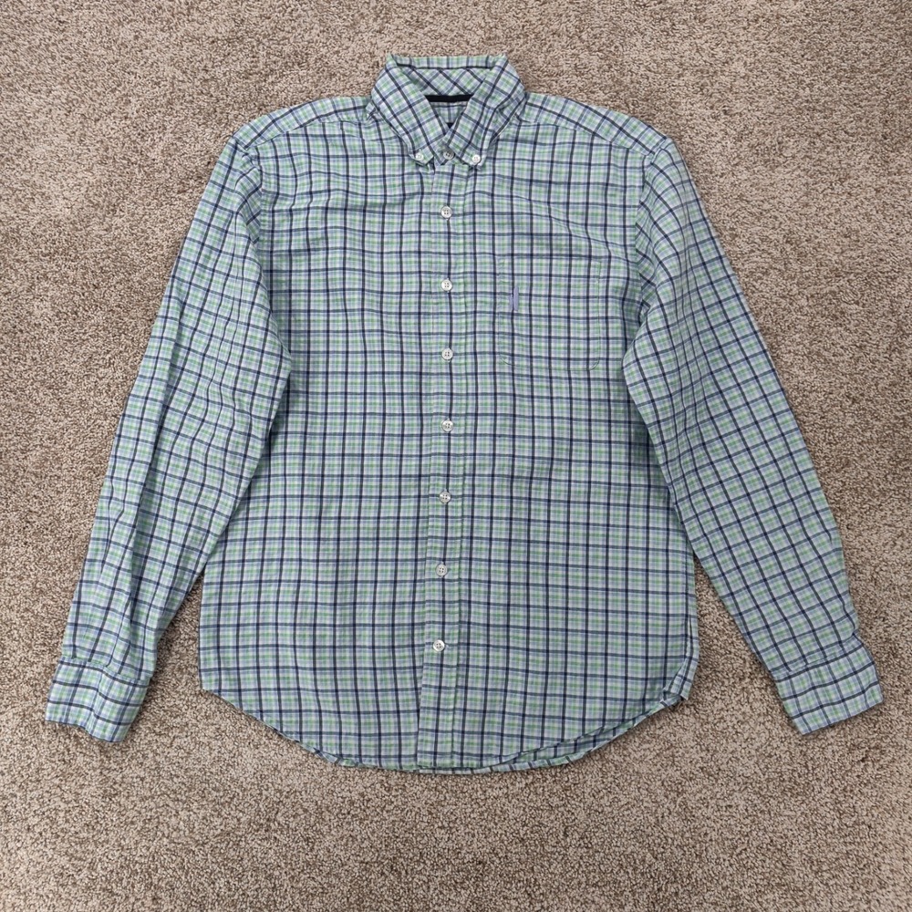 Johnnie O Shirt Mens Small S Blue Plaid Button Long Sleeve Cotton Linen